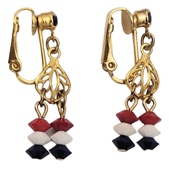 Gold Tone Patriotic Red White Blue Glass Bead Dangle Clip-On Earrings E252 - Picture 3 of 6